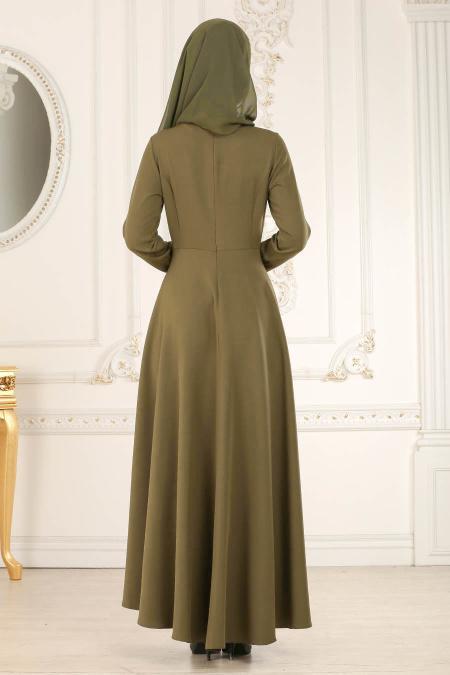 Neva Style - Kolye Detaylı Haki Tesettür Abiye Elbise 41470HK - 3
