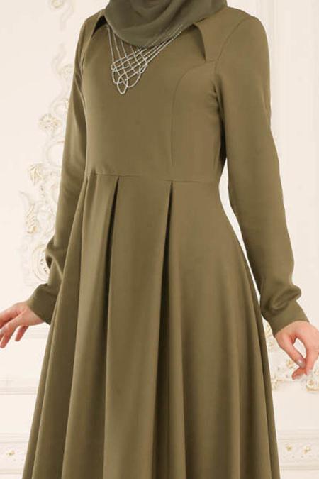 Neva Style - Kolye Detaylı Haki Tesettür Abiye Elbise 41470HK - 4