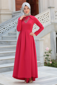 Neva Style - Kolye Detaylı Kırmızı Tesettür Abiye Elbise 41470K - Thumbnail