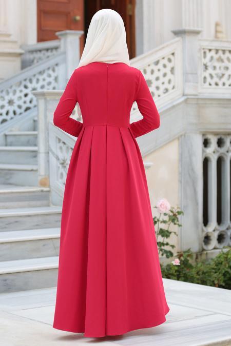 Neva Style - Kolye Detaylı Kırmızı Tesettür Abiye Elbise 41470K - 2