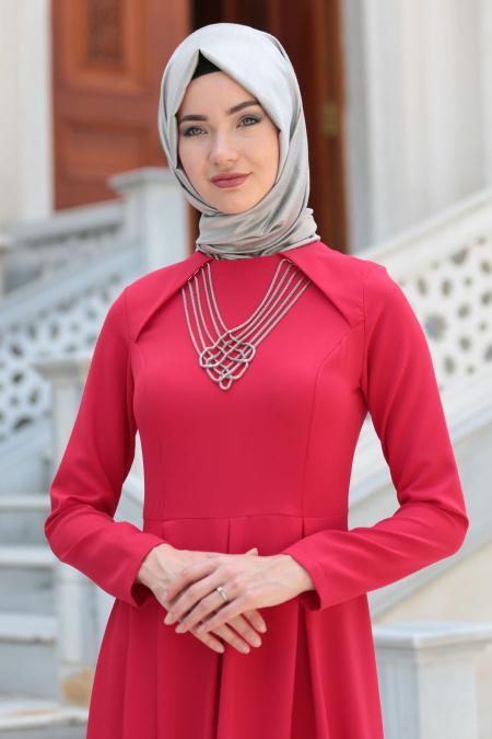 Neva Style - Kolye Detaylı Kırmızı Tesettür Abiye Elbise 41470K - 3