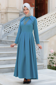 Neva Style - Kolye Detaylı Mavi Tesettür Abiye Elbise 41470M - Thumbnail