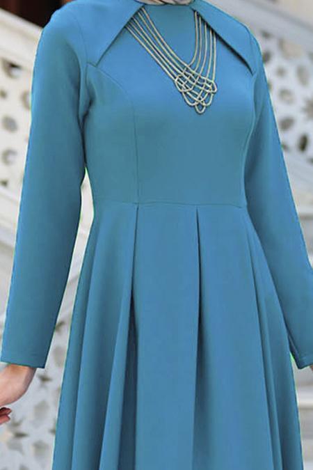 Neva Style - Kolye Detaylı Mavi Tesettür Abiye Elbise 41470M - 2