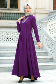 Neva Style - Kolye Detaylı Mor Tesettür Abiye Elbise 41470MOR - Thumbnail