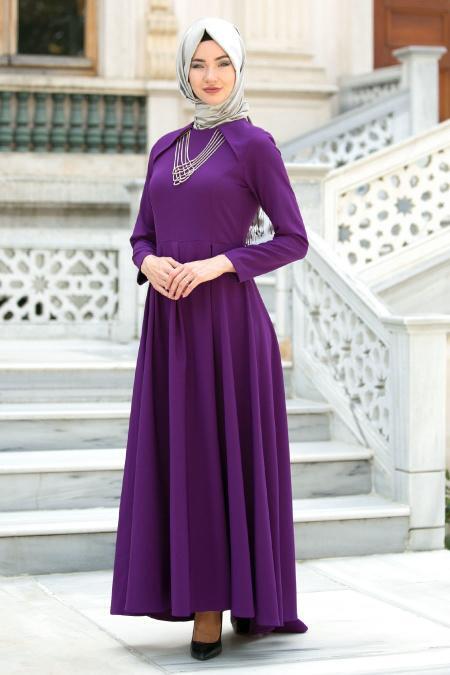 Neva Style - Kolye Detaylı Mor Tesettür Abiye Elbise 41470MOR - 2
