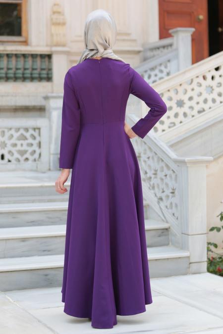 Neva Style - Kolye Detaylı Mor Tesettür Abiye Elbise 41470MOR - 3