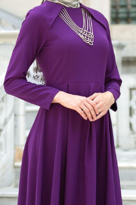 Neva Style - Kolye Detaylı Mor Tesettür Abiye Elbise 41470MOR - 4