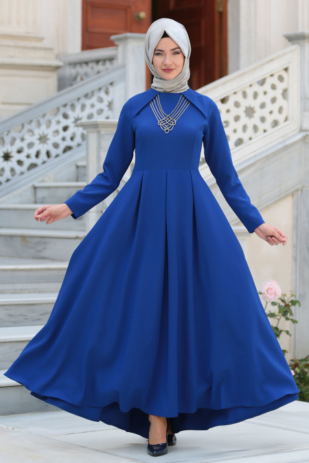 Neva Style - Kolye Detaylı Sax Mavisi Tesettür Abiye Elbise 41470SX