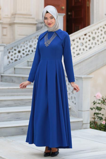 Neva Style - Kolye Detaylı Sax Mavisi Tesettür Abiye Elbise 41470SX - 2