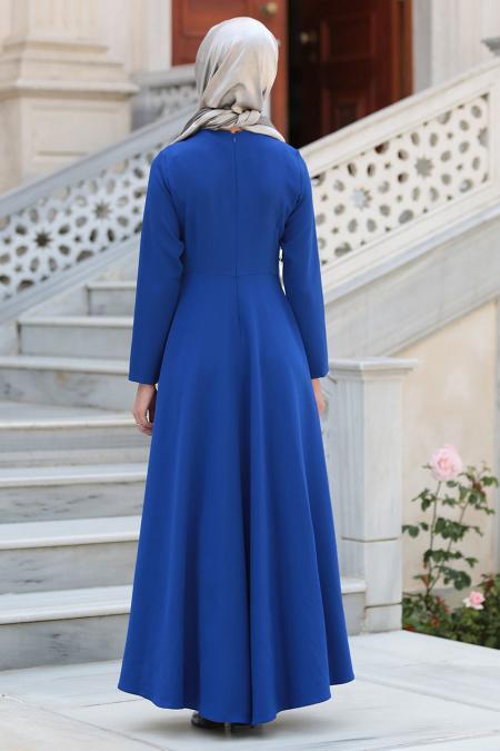 Neva Style - Kolye Detaylı Sax Mavisi Tesettür Abiye Elbise 41470SX - 3