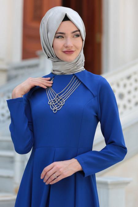 Neva Style - Kolye Detaylı Sax Mavisi Tesettür Abiye Elbise 41470SX - 4