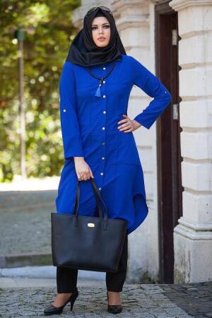 Neva Style - Kolye Detaylı Sax Mavisi Tesettür Tunik 5080SX - 1
