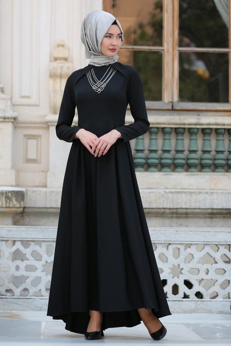 Neva Style - Kolye Detaylı Siyah Tesettür Abiye Elbise 41470S - 2