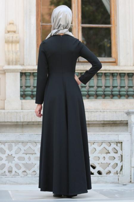Neva Style - Kolye Detaylı Siyah Tesettür Abiye Elbise 41470S - 3