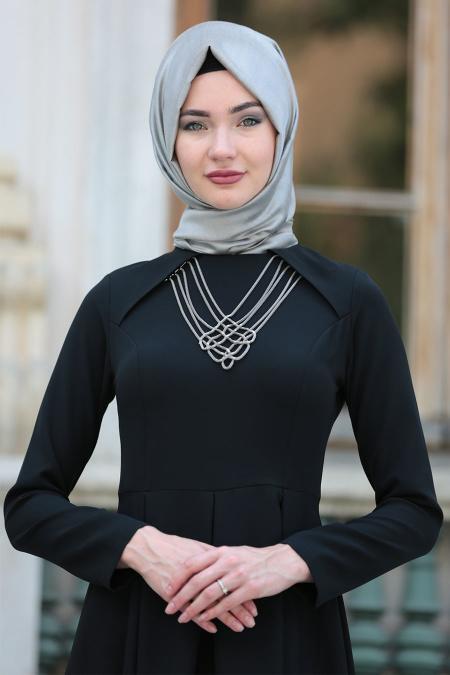 Neva Style - Kolye Detaylı Siyah Tesettür Abiye Elbise 41470S - 4