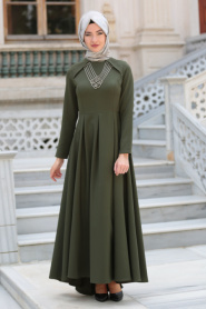 Neva Style - Kolye Detaylı Yeşil Tesettür Abiye Elbise 41470Y - Thumbnail