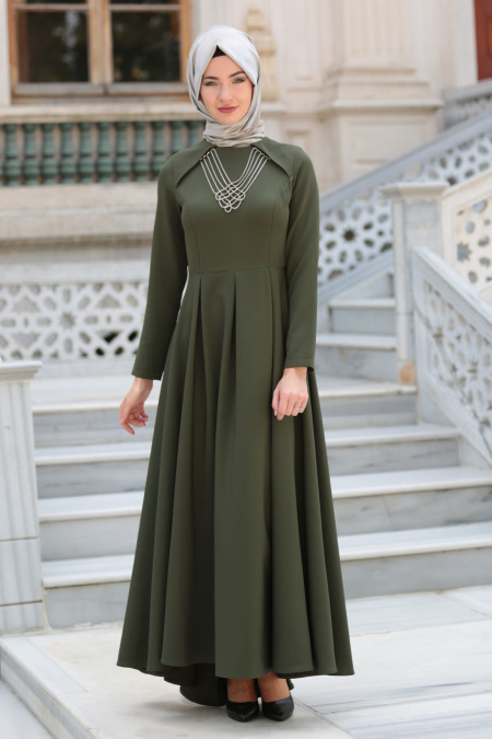 Neva Style - Kolye Detaylı Yeşil Tesettür Abiye Elbise 41470Y