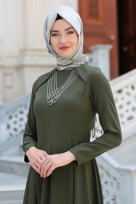 Neva Style - Kolye Detaylı Yeşil Tesettür Abiye Elbise 41470Y - 3
