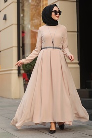 Neva Style - Kolyeli Bej Tesettür Elbise 51231BEJ - Thumbnail