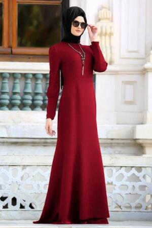 Neva Style - Kolyeli Bordo Tesettür Abiye Elbise 41860BR - 1