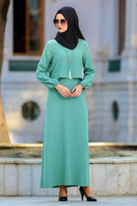 Neva Style - Kolyeli Çağla Yeşili Tesettür Abiye Elbise 41790CY