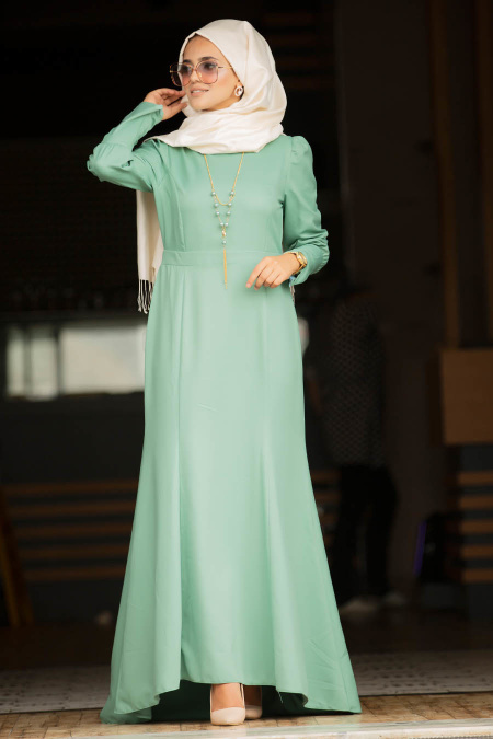 Neva Style - Kolyeli Çağla Yeşili Tesettür Abiye Elbise 41860CY