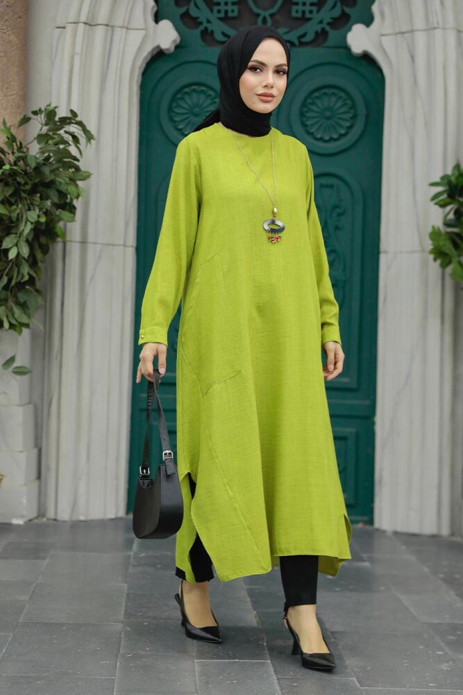 Neva Style - Kolyeli Fıstık Yeşili Tesettür Tunik 2450FY - 2
