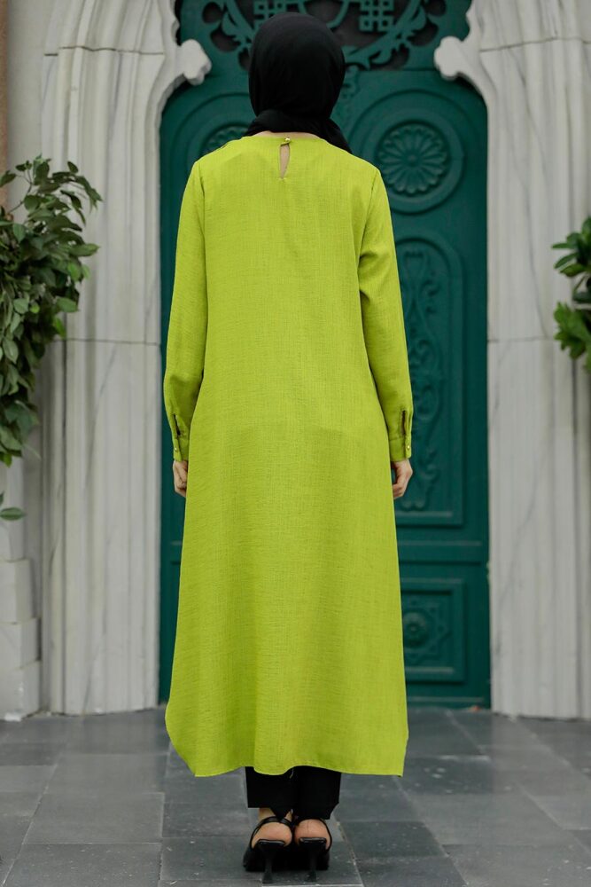Neva Style - Kolyeli Fıstık Yeşili Tesettür Tunik 2450FY - 3