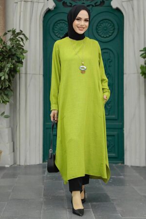 Neva Style - Kolyeli Fıstık Yeşili Tesettür Tunik 2450FY - NEVA STYLE