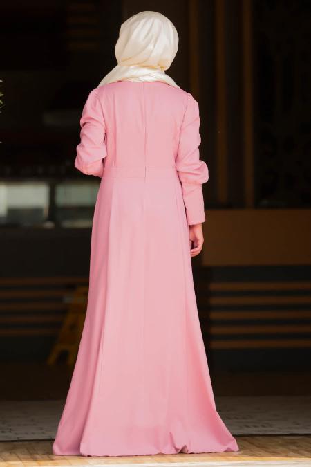 Neva Style - Kolyeli Gül Kurusu Tesettür Abiye Elbise 41860GK - 2