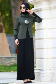 Neva Style - Kolyeli Haki Tesettür Elbise 42080HK - Thumbnail