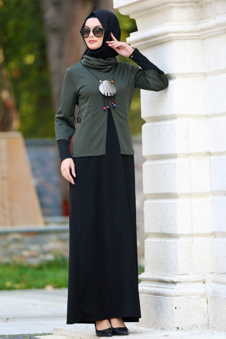 Neva Style - Kolyeli Haki Tesettür Elbise 42080HK