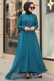 Neva Style - Kolyeli İndigo Mavisi Tesettür Elbise 51231IM - Thumbnail