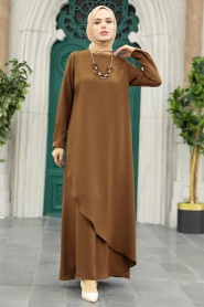 Neva Style - Kolyeli Kahverengi Tesettür Elbise 34231KH - Thumbnail