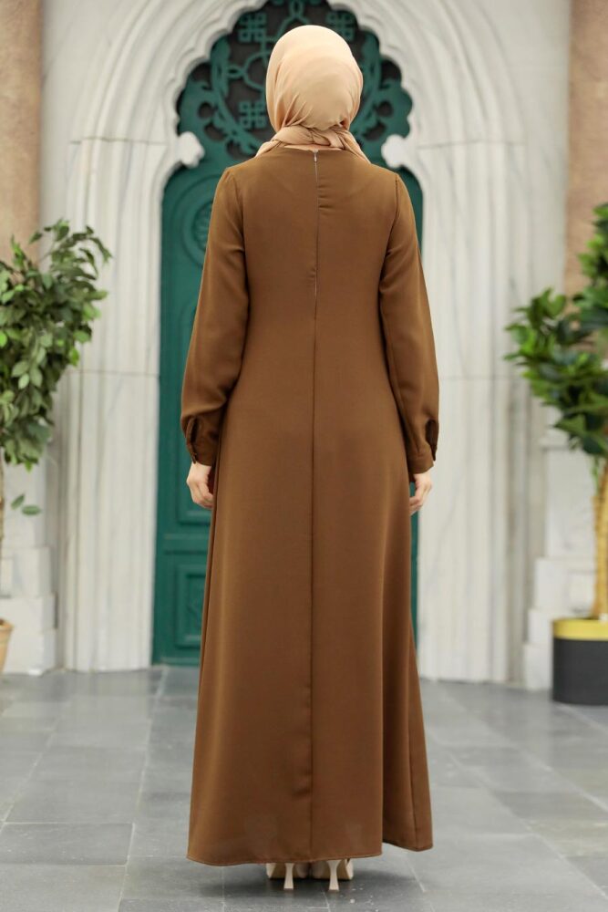Neva Style - Kolyeli Kahverengi Tesettür Elbise 34231KH - 3