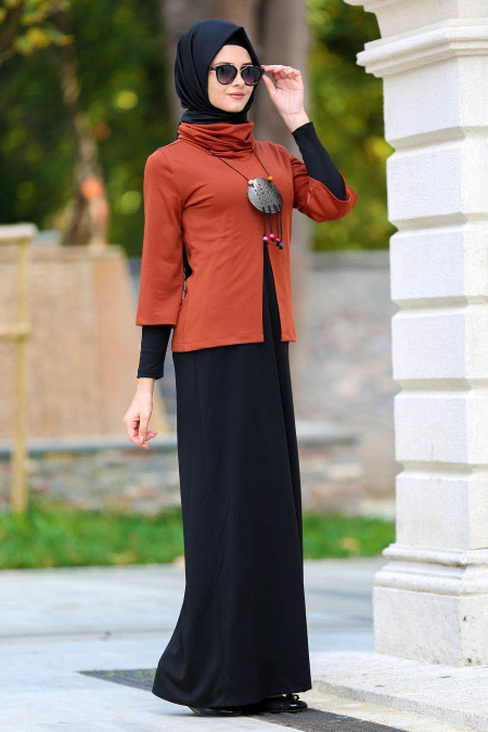 Neva Style - Kolyeli Kiremit Tesettür Elbise 42080KRMT