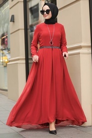 Neva Style - Kolyeli Kiremit Tesettür Elbise 51231KRMT - Thumbnail