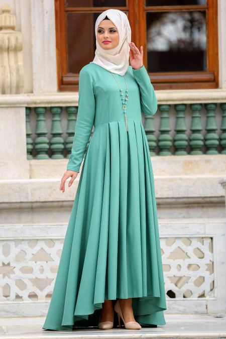 Neva Style - Kolyeli Peplum Çağla Yeşili Tesettür Elbise 41950CY