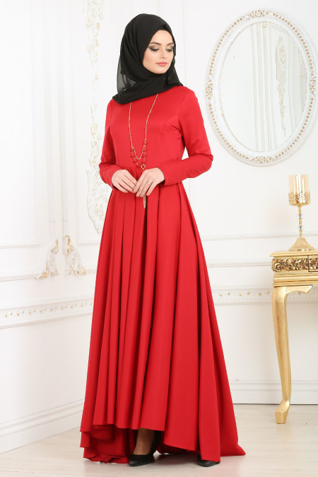 Neva Style - Kolyeli Peplum Kırmızı Tesettür Elbise 41950K