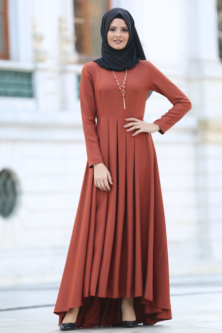 Neva Style - Kolyeli Peplum Kiremit Tesettür Elbise 41950KRMT
