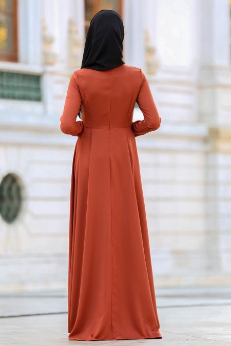 Neva Style - Kolyeli Peplum Kiremit Tesettür Elbise 41950KRMT - 3