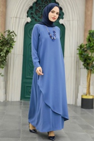 Neva Style - Kolyeli Petrol Mavisi Tesettür Elbise 34231PM - Thumbnail