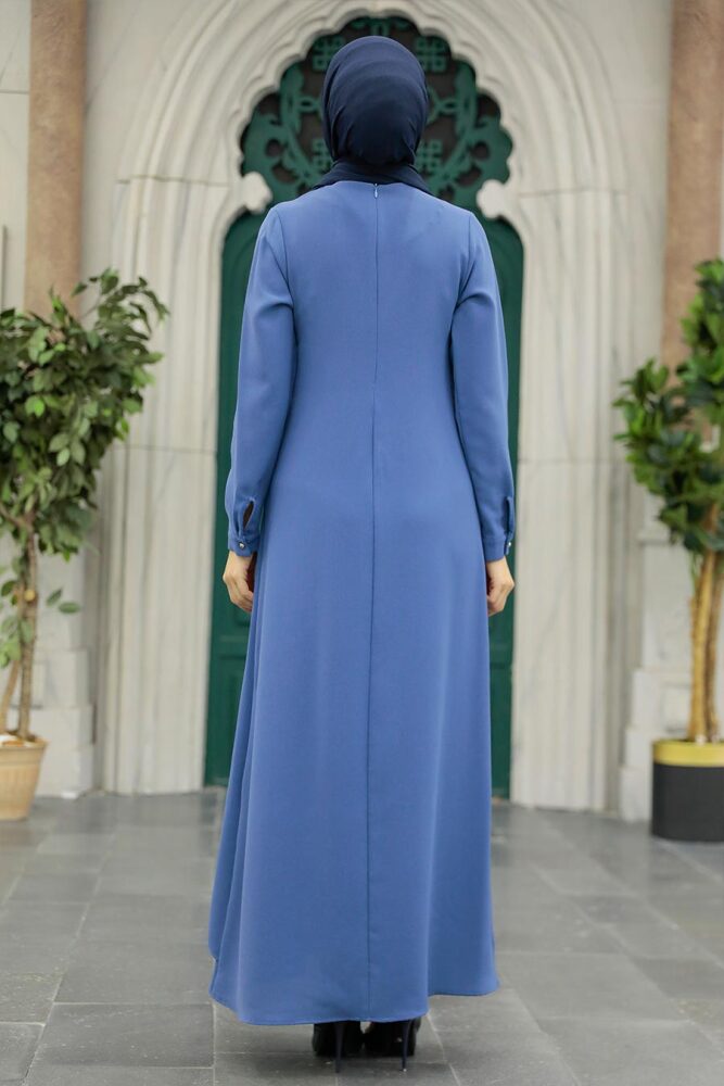 Neva Style - Kolyeli Petrol Mavisi Tesettür Elbise 34231PM - 3