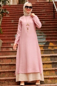 Neva Style - Kolyeli Pudra Tesettür Elbise 3366PD - Thumbnail
