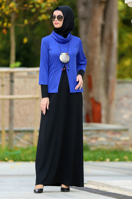 Neva Style - Kolyeli Sax Mavisi Tesettür Elbise 42080SX