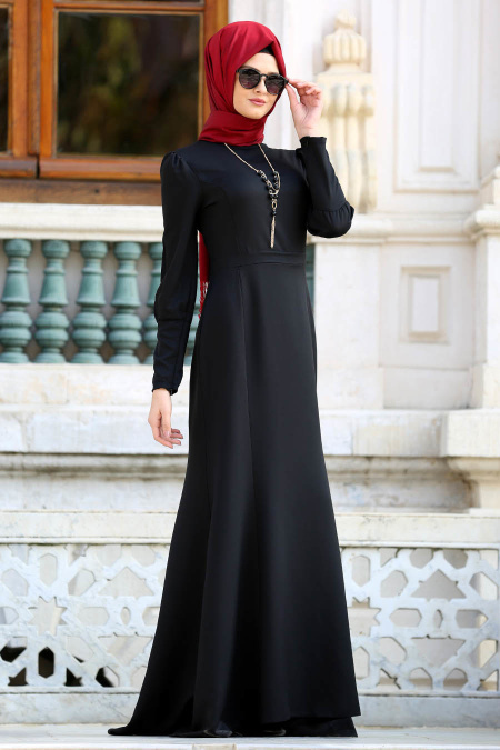Neva Style - Kolyeli Siyah Tesettür Abiye Elbise 41860S