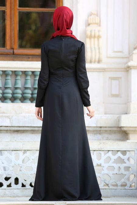 Neva Style - Kolyeli Siyah Tesettür Abiye Elbise 41860S - 2