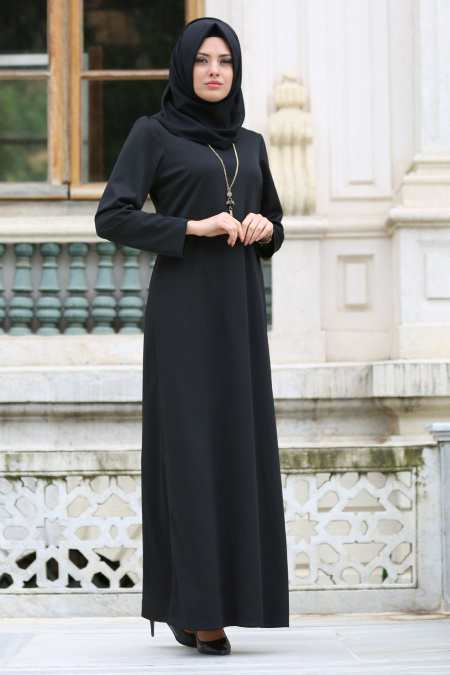 Neva Style - Kolyeli Siyah Tesettür Elbise 41490S