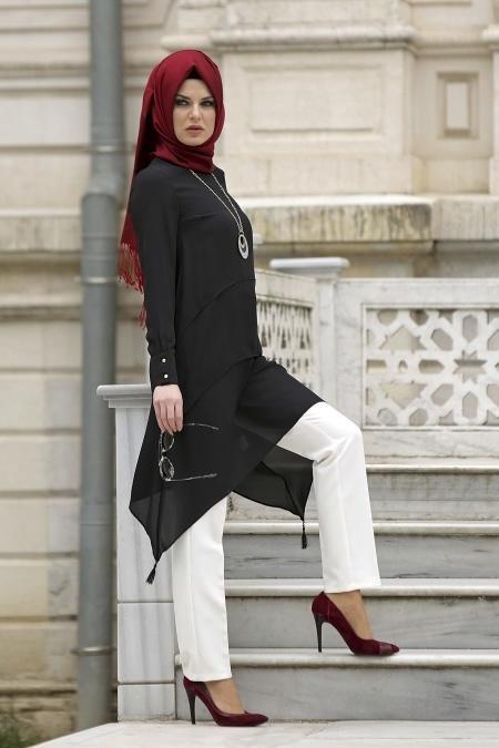 Neva Style - Kolyeli Siyah Tunik - 2