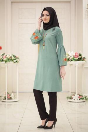 Neva Style - Kolyeli Volan Kol Çağla Yeşili Tesettür Tunik 52070CY - 1